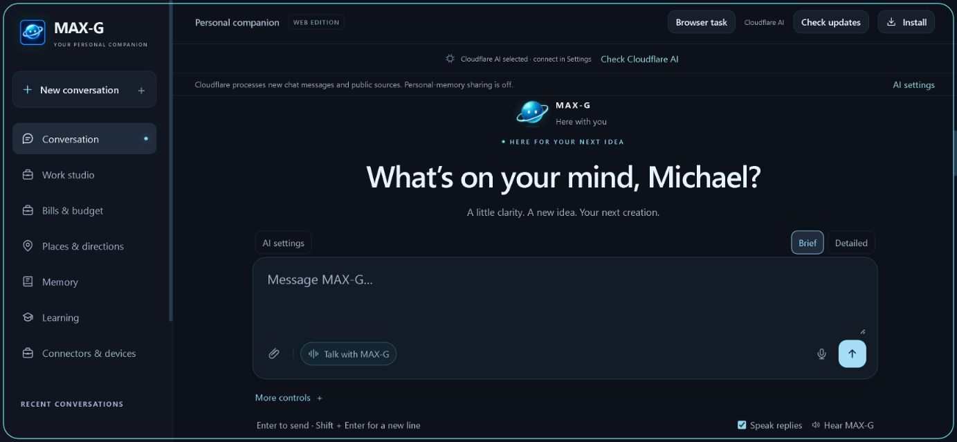 Actual MAX-G browser interface. AI connection setup is separate.