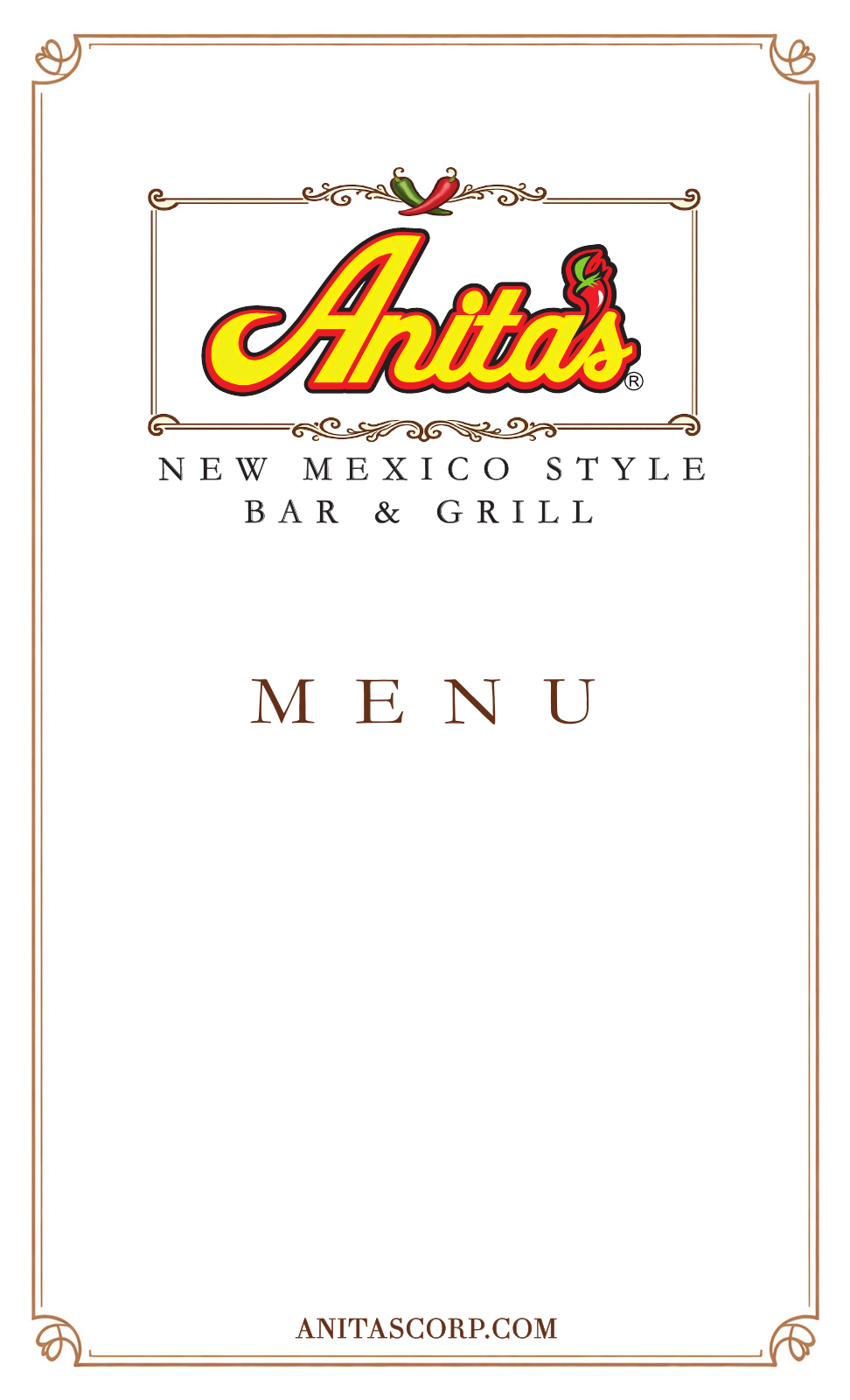 Anita’s official menu cover with the red chile apostrophe logo
