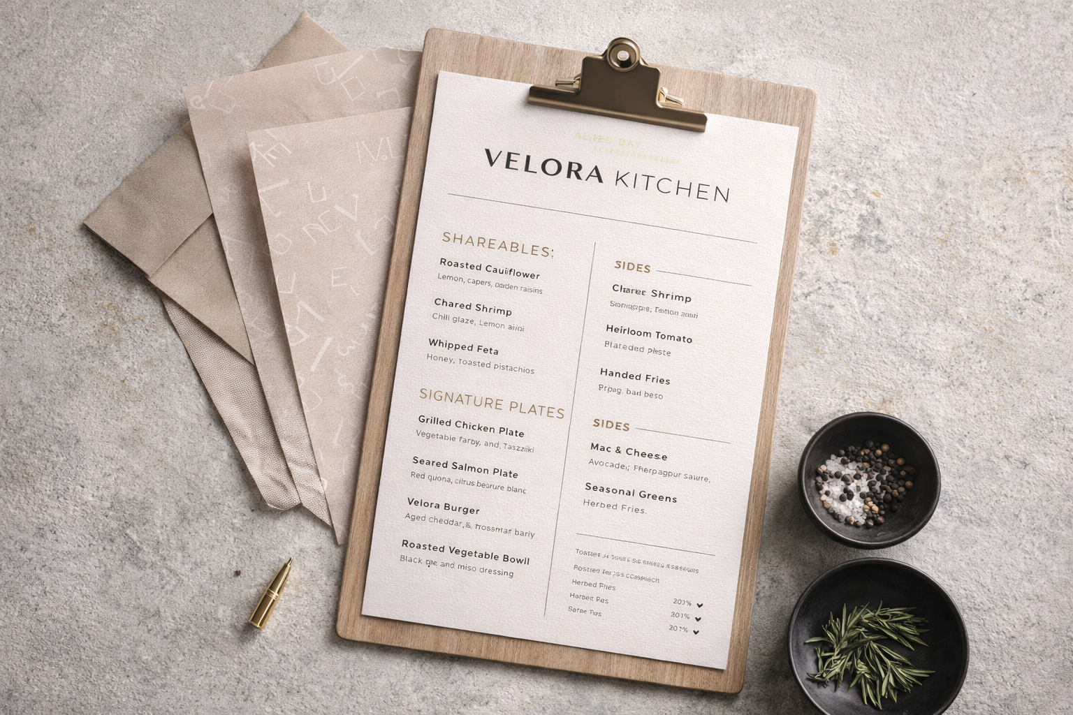 Velora menu design
