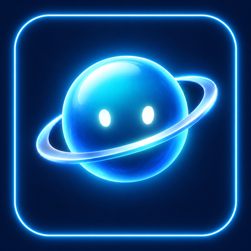 MAX-G, a glowing blue globe with white eyes and an orbiting ring